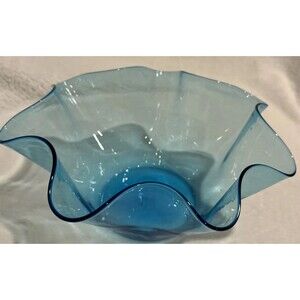 Vtg Handcraft Blanco style Blue Art Glass Bowl Ruffled Ribbon Pinched Edge MCM